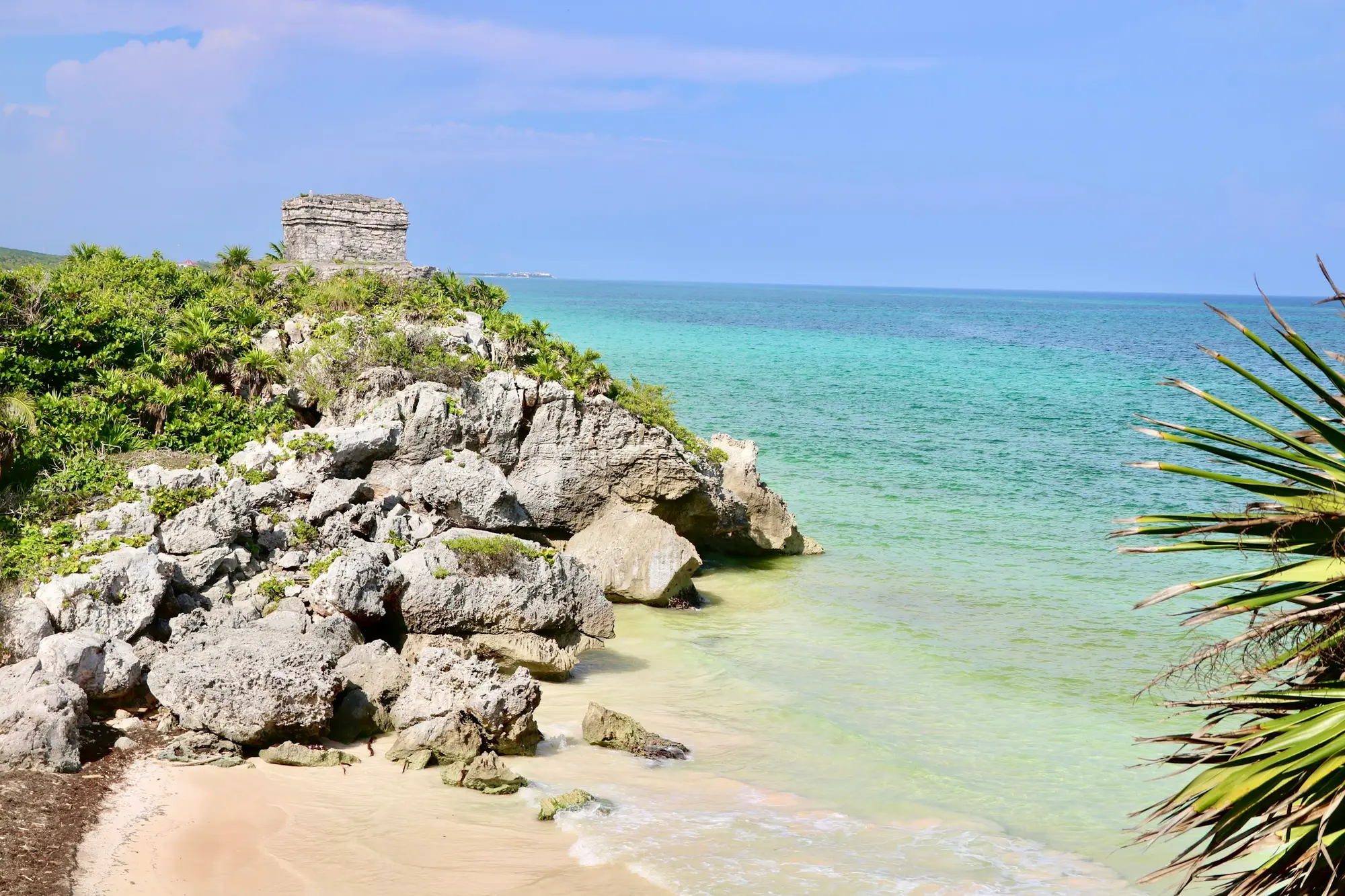 The Tulum ruins perched on a limestone cliff above turquoise Caribbean water and a sandy beach, palm fronds in foreground