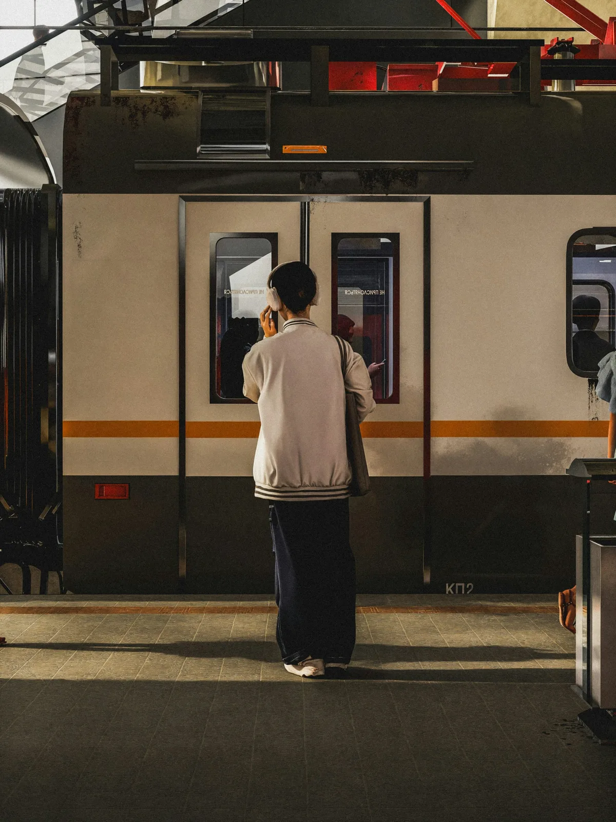 A woman waiting alone on a train platform with her bag, ready to travel